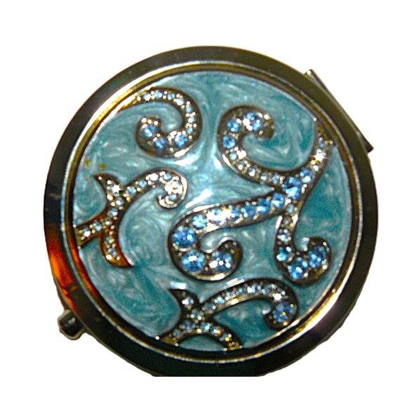 Sicura Other - Vintage Blue Rhinestone Enamel Compact Mirror With Swirl Design By Argento SC